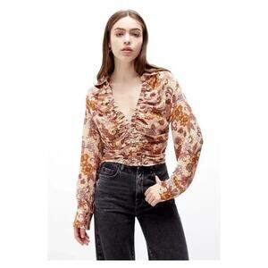 Free People I Got You Boho Floral Ruched Crop Top Long Sleeve – Size Large